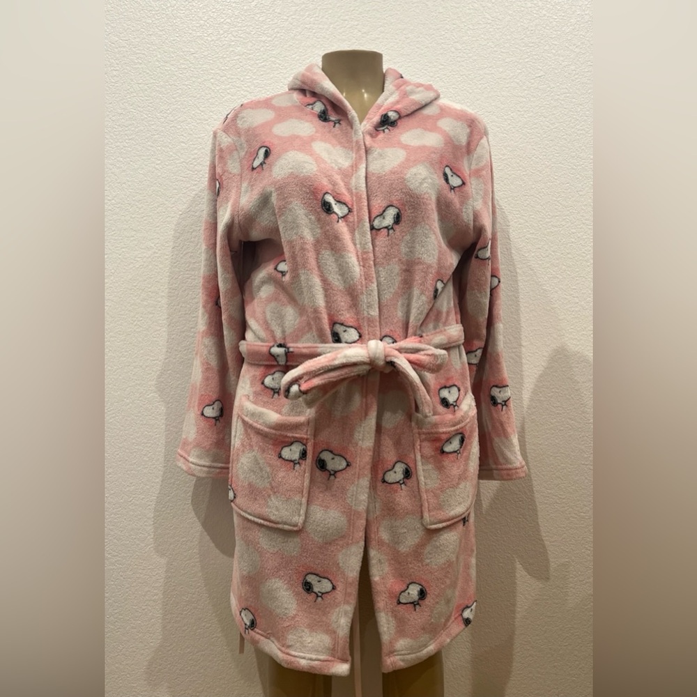 Peanuts Hooded Bath Robe Snoopy Pink White Hearts Wedding Berkshire Adult L/XL